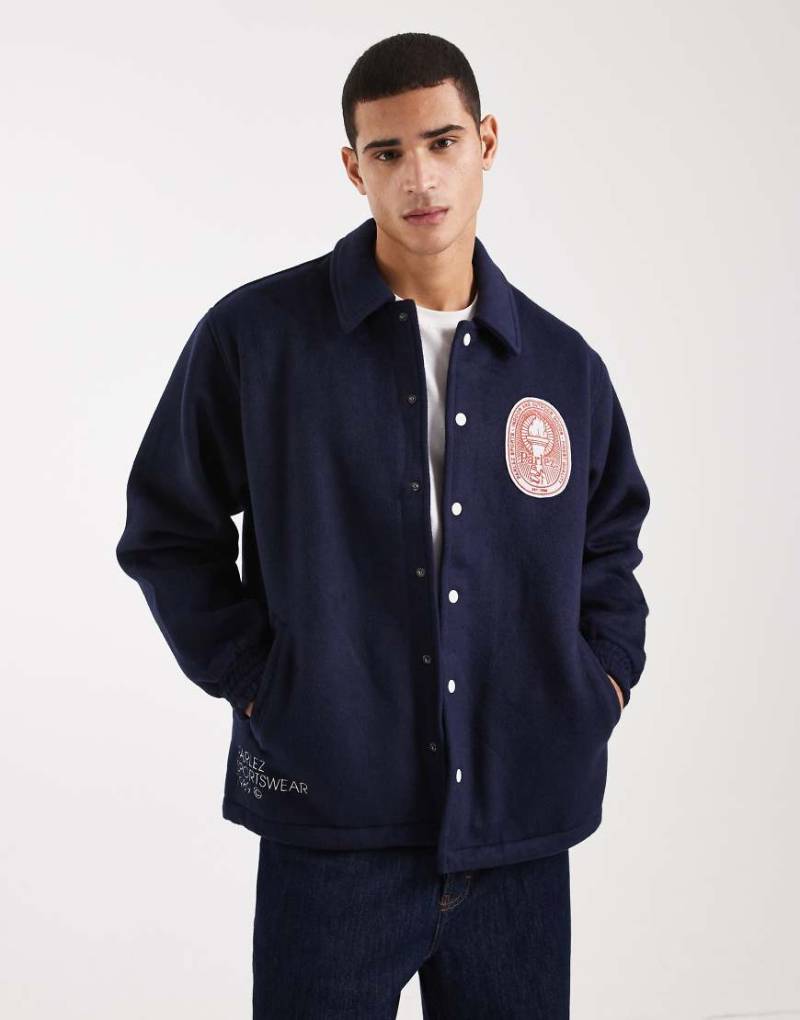 Parlez - Coach-Jacke aus schwerem Wollmix in Marineblau mit besticktem Logo-Aufnäher von Parlez
