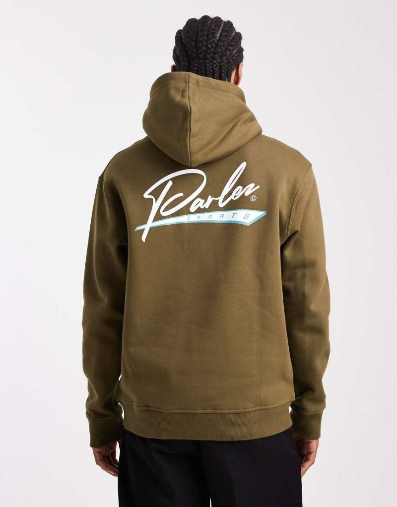 Parlez - Kapuzenpullover in Khaki mit Sport-Logo-Grafik und Rückenprint im Siebdruckverfahren-Grün von Parlez