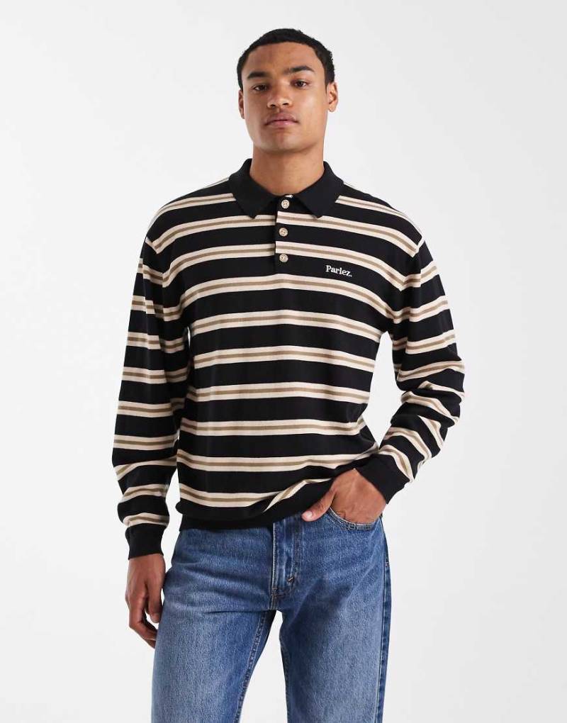 Parlez - Langärmliges Strick-Polohemd in Schwarz mit braunen Streifen und Logo von Parlez