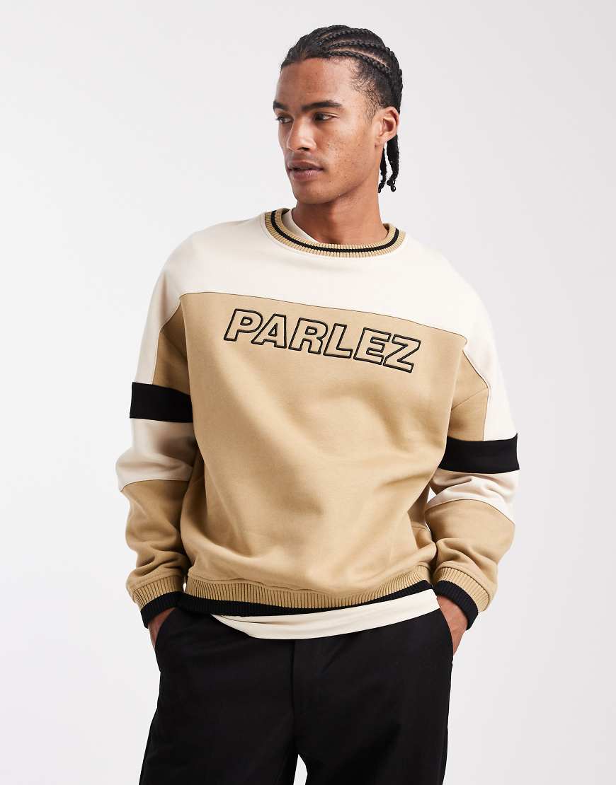Parlez - Oversize-Sweatshirt in Neutral-Bunt mit Rundhalsausschnitt und Farbblock-Panel mit Logo Parlez - Oversize-Sweatshirt in Neutral-Bunt mit Rundhalsausschnitt und Farbblock-Panel mit Logo von Parlez