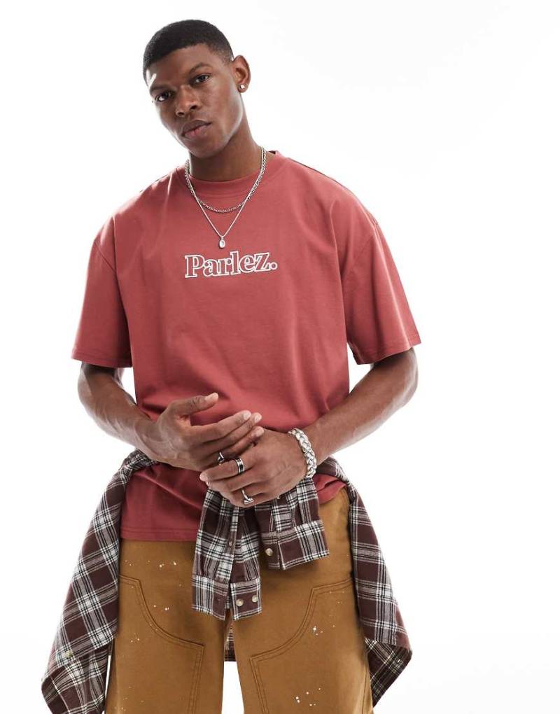 Parlez - Staffa - Oversize-T-Shirt in Korallenrot mit Logo-Orange von Parlez