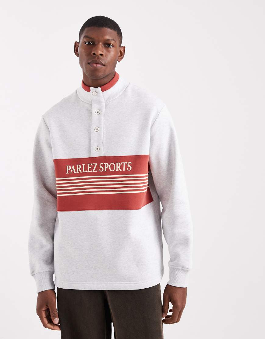 Parlez - Sweatshirt mit Farbblock-Design in Grau/Orange, Logo und kurzer Knopfleiste von Parlez