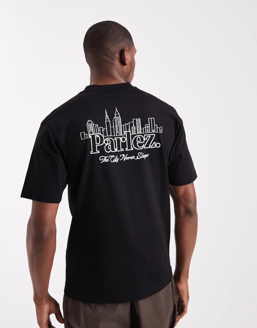 Parlez - T-Shirt in Schwarz mit Skyline-Logografik und Rückenprint von Parlez