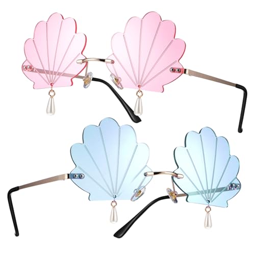 Parliky 2 Stück Randlose Muschel Sonnenbrille für Frauen Leichte PC Partybrillen mit Anhänger Komfortabel Stylisch für Festivals Karneval Outdoor Events und Fotosessions von Parliky