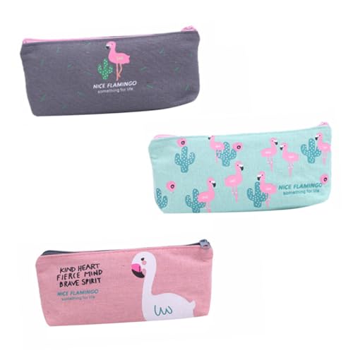 Parliky 3 Stück Teiliges Schlichtes Segeltuch Federmäppchen mit Flamingo Motiv Große Kapazität Reißverschlusstasche für Schüler Stifte Aufbewahrung Vielseitig für Zufällige Farbe von Parliky
