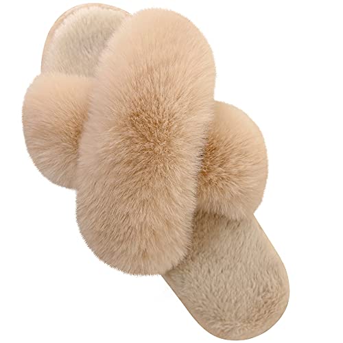 Parlovable Hausschuhe für Damen Cross Band weichen Plüsch pelzigen gemütlichen Offene Zeh Hausschuhe Künstliches Kaninchenfell Wärme bequeme Rutschfest atmungsaktiv,Chameau,EU38/39 von Parlovable