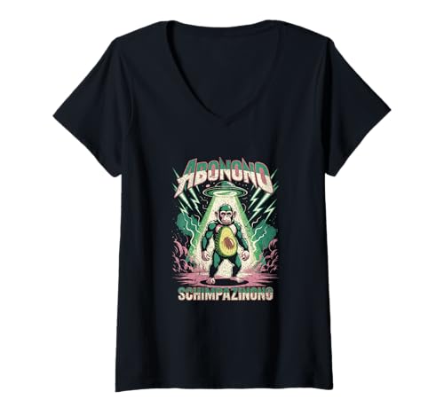 Damen Abonono Schimpanzinono UFO Lightning Avocado AFFE Parodie T-Shirt mit V-Ausschnitt von Parodix monkey