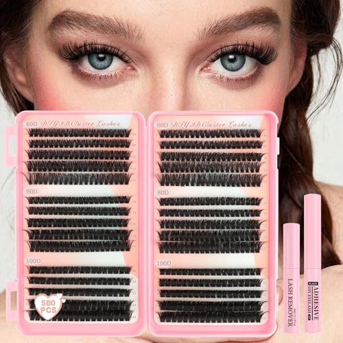 Parriparri Wimpern Extensions Set 580 Stück 10-16mm Lash Extensions 60D/80D/100D mit Wimpernkleber & Entferner D-Curl Volumen Cluster Wimpern für DIY Natürlich Look von Parriparri