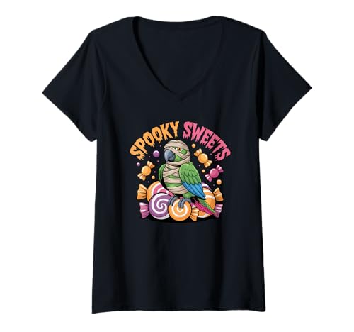 Damen Parrot Gruseliges süßes Halloween-Kostüm, Party-Design T-Shirt mit V-Ausschnitt von Parrot Spooky Sweet Halloween Souvenirs and More
