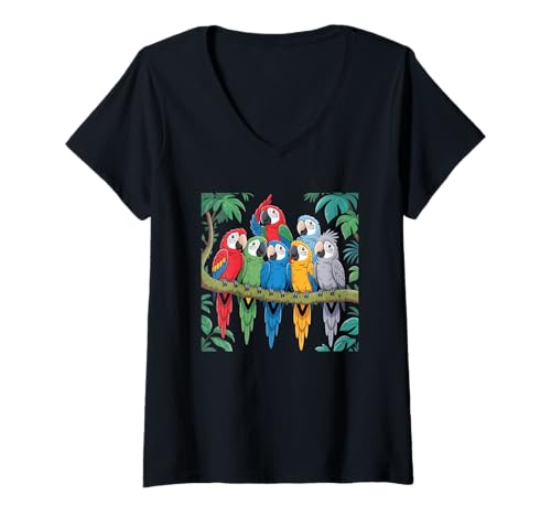 Damen Lustige Papageien Illustration Bunte Tropische Vögel T-Shirt mit V-Ausschnitt Damen Lustige Papageien Illustration Bunte Tropische Vögel T-Shirt mit V-Ausschnitt von Parrot art, Tropical birds
