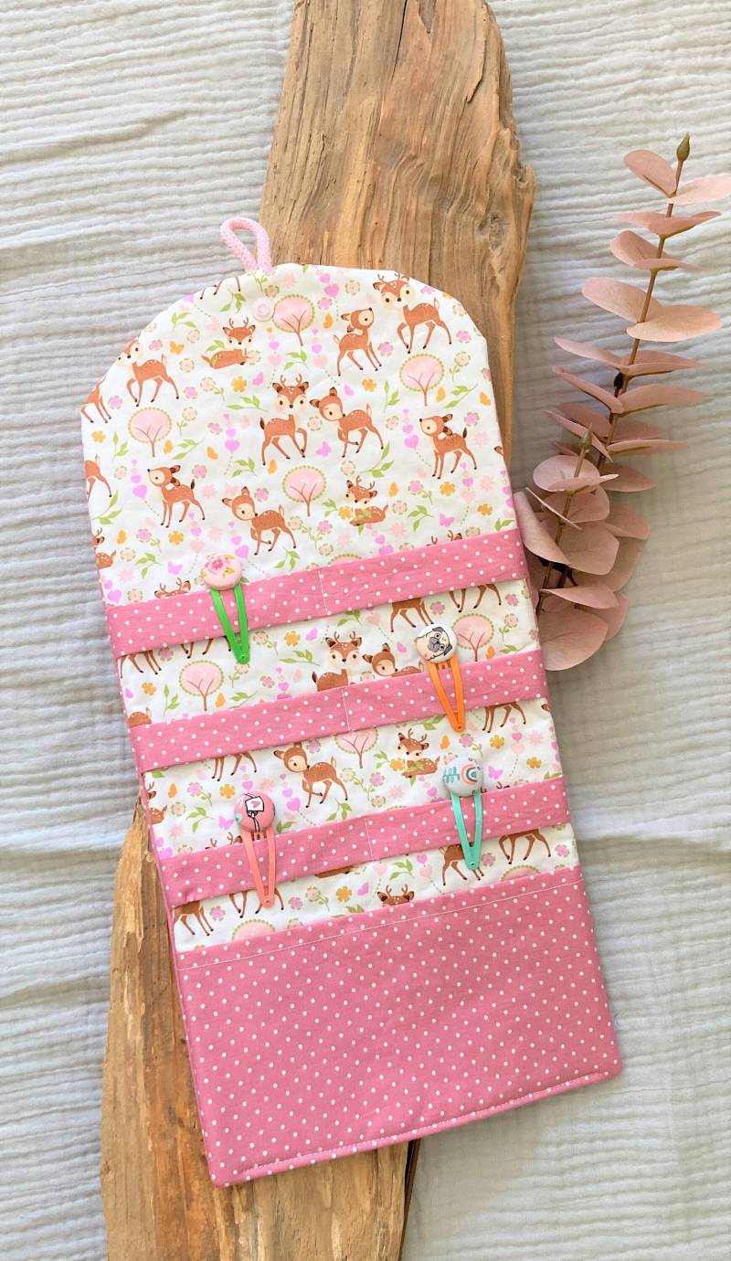 Haarspangenhalter Haarspangentasche Name Haarspange Haargummi Haarreifen Utensilo Aufbewahrungstasche Haarspangenetui Reh Blume Rosa Mädchen von ParsUniqueELD