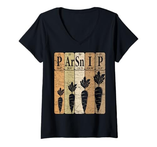Damen Pastinake Periodensystem Elemente Pastinake Gemüse Retro T-Shirt mit V-Ausschnitt von Parsnip Farming Periodic Table Elements