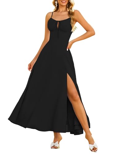 Parthea Damen Spaghettiträger Korsettkleid Boho fließender Schlitz quadratischer Ausschnitt Casual Midi Kleider, Schwarz, 34-36 von Parthea