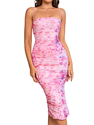 Parthea Damen Spaghettiträger Sexy Kleider Gerafft Bodycon Kleid Floral Elastic Side Split Midi Kleider, Pink, 32-34 von Parthea