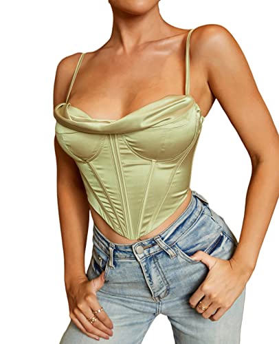 Satin-Spaghettiträger, Party-Crop-Top, Rave, niedliches Korsett mit Reißverschluss hinten, Y2K, modische Bustiers für Damen, grün, 36 von Parthea