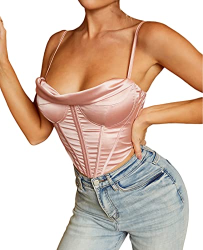 Satin Spaghettiträger Party Crop Top Rave Niedlich Reißverschluss Rücken Outfits Korsett Y2K Mode Bustiers für Frauen, rose, 36 von Parthea