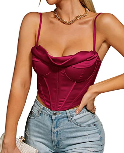 Satin-Spaghettiträger, Party-Crop-Top, Rave, niedliches Korsett mit Reißverschluss hinten, Y2K, modische Bustiers für Damen, burgunderfarben, 36 von Parthea