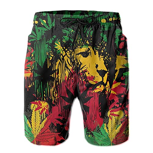 Herren Badehose Quick Dry Badeanzug 7 Zoll Boardshorts mit Netzfutter Atmungsaktive Passform Strandshorts Badeanzug Bademode, White-reggae Rasta Jamaican Lion Weed1, M von Partrest