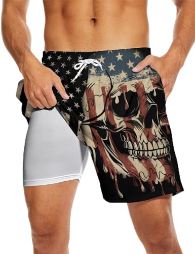 Partrest American Flag Herren Badehose mit Kompressionsfutter USA Flagge Badehose Boardshorts mit Tasche Badeshorts, American Flag Skull, XXL von Partrest