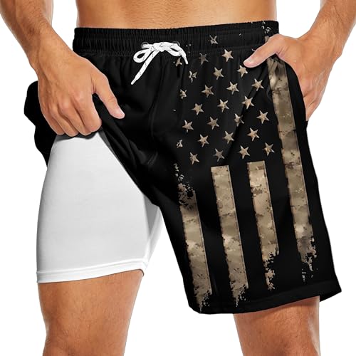 Partrest American Flag Herren Badehose mit Kompressionsfutter USA Flagge Badehose Boardshorts mit Tasche Badeshorts, Dunkelschwarze amerikanische Flagge, XL von Partrest