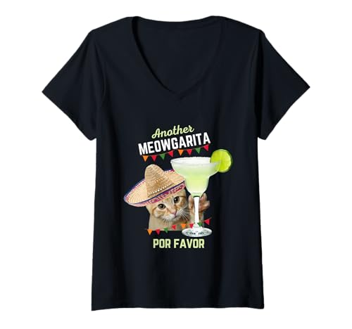 Damen Lustige Tierästhetische Katze Cinco De Mayo Meowgarita T-Shirt mit V-Ausschnitt von Party Cats Apparel & Gifts