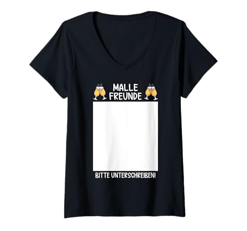 Damen Malle Freunde Bitte Unterschreiben Mallorca Party Urlaub T-Shirt mit V-Ausschnitt von Party Designs Mallorca Gruppen Outfit