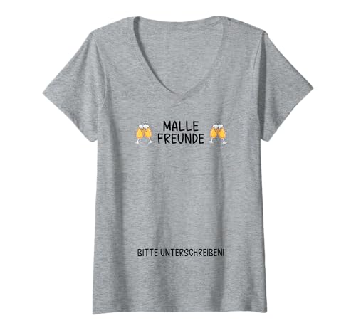 Damen Malle Freunde Bitte Unterschreiben Mallorca Party Urlaub T-Shirt mit V-Ausschnitt Damen Malle Freunde Bitte Unterschreiben Mallorca Party Urlaub T-Shirt mit V-Ausschnitt von Party Designs Mallorca Gruppen Outfit
