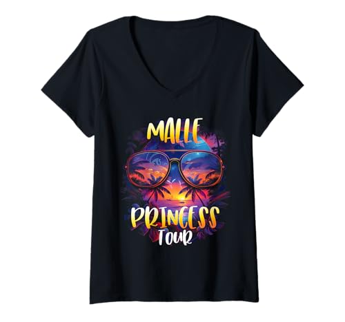 Damen Malle Princess Tour Mädelsabend Mallorca Party Prinzessin T-Shirt mit V-Ausschnitt von Party Designs Mallorca Gruppen Outfit