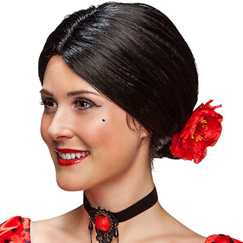 Damen-Perücke Spanierin, schwarz mit Blume von PARTY DISCOUNT
