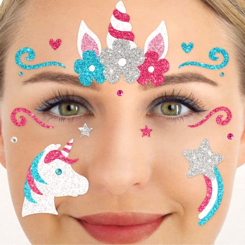 Party Factory Face Tattoo Einhorn, temporäres Glitter Gesichtstattoo für Motto Party, Halloween & Karneval, Kinder & Erwachsene von Party Factory