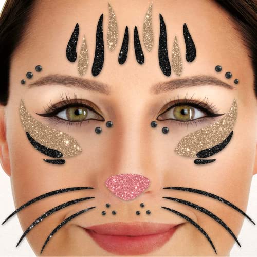 Party Factory Face Tattoo Katze, temporäres Glitter Gesichtstattoo für Motto Party, Halloween & Karneval, Kinder & Erwachsene von Party Factory