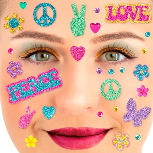 Party Factory Face Tattoo Flower Power, temporäres Glitter Gesichtstattoo für Motto Party, Halloween & Karneval, Kinder & Erwachsene von Party Factory