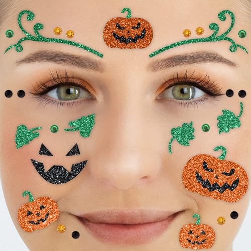 Party Factory Face Tattoo Kürbis, temporäres Glitter Gesichtstattoo für Motto Party, Halloween & Karneval, Kinder & Erwachsene von Party Factory