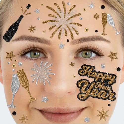 Party Factory Face Tattoo `Happy New Year´, temporäres Glitter Gesichtstattoo für Kinder und Erwachsene für Silvester, Motto Party von Party Factory