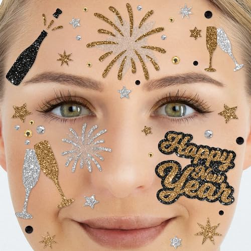 Party Factory Face Tattoo `Happy New Year´, temporäres Glitter Gesichtstattoo für Kinder und Erwachsene für Silvester, Motto Party von Party Factory