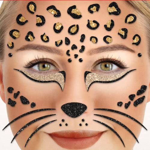 Party Factory Face Tattoo Leopard, temporäres Glitter Gesichtstattoo für Motto Party, Halloween & Karneval, Kinder & Erwachsene von Party Factory