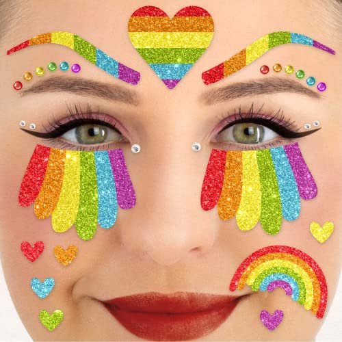 Party Factory Face Tattoo Regenbogen, temporäres Glitter Gesichtstattoo für Motto Party, Halloween & Karneval, Kinder & Erwachsene von Party Factory