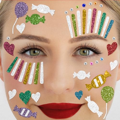 Party Factory Face Tattoo bunter Clown, temporäres Glitter Gesichtstattoo für Motto Party, Halloween & Karneval, Kinder & Erwachsene von Party Factory