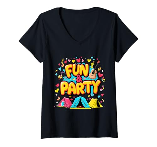 Damen Fun & Party Festivalzeit Mit Zelten Konzert Party Festival T-Shirt mit V-Ausschnitt Damen Fun & Party Festivalzeit Mit Zelten Konzert Party Festival T-Shirt mit V-Ausschnitt von Party Feier Festival Musik Konzert Camping Freunde