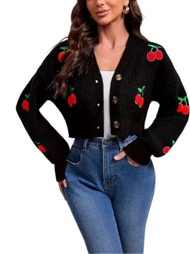 Party HuB Damen-Strick-Crop-Cardigan mit langen Ärmeln, Kirschmuster, vorne offen, Kirschstickerei, kurzer Pullover, Schwarz , M von Party HuB