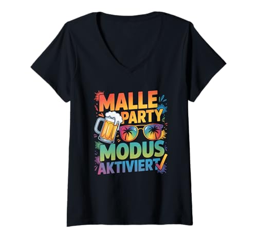 Damen Malle Party Modus Aktiviert Brille Urlaub Gruppen T-Shirt mit V-Ausschnitt von Party Modus Aktiviert Urlaub Reise Mallorca Outfit