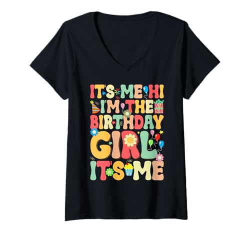 Damen It's Me Hi I'm The Birthday Girl Retro Colors T-Shirt mit V-Ausschnitt Damen It's Me Hi I'm The Birthday Girl Retro Colors T-Shirt mit V-Ausschnitt von Party Mood Retro Vibes