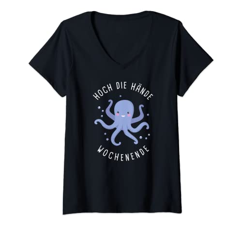 Damen Hoch die Hände Wochenende Party Oktopus Kraken Tintenfisch T-Shirt mit V-Ausschnitt von Party People Hoch die Hände Wochenende