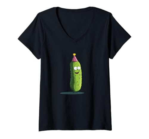 Damen Lustig aussehende Gurke mit Partyhut, Kostüm für Gurkenliebhaber T-Shirt mit V-Ausschnitt von Party Pickle Outfit