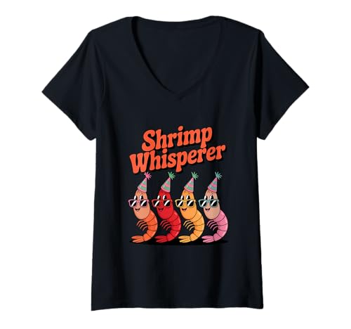 Damen Shrimp Whisperer Seafood Humor Party Vibe T-Shirt mit V-Ausschnitt Damen Shrimp Whisperer Seafood Humor Party Vibe T-Shirt mit V-Ausschnitt von Party Seafood Enthusiast Catching Fun