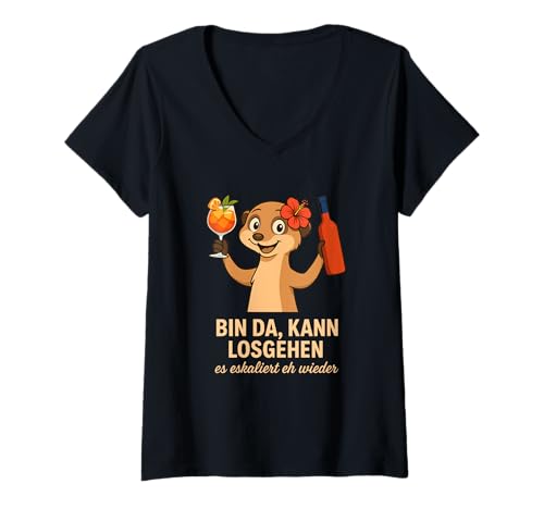 Damen Lustiges Saufshirt Frauen Es eskaliert eh Wieder Cocktail T-Shirt mit V-Ausschnitt von Party Shirts Frauen Humor Festival Fest