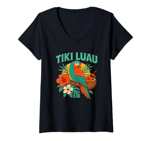 Damen Farbenfroher Vintage-Papagei in tropischen Blumen Tiki Luau Party T-Shirt mit V-Ausschnitt von Party Shirts HustlaGirl