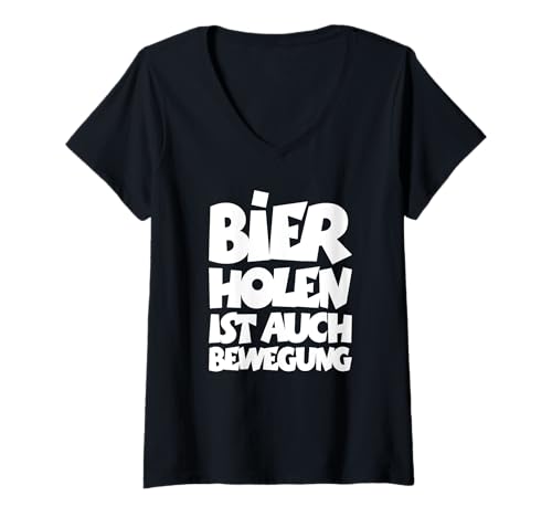 Damen Bier Holen ist auch Bewegung (Weiß) Party T-Shirt mit V-Ausschnitt von Party T-Shirts und Geschenke für Biertrinker