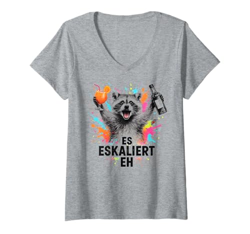 Damen Es Eskaliert Eh - Lustiges Waschbär Party T-Shirt mit V-Ausschnitt von Party & Trinksprüche