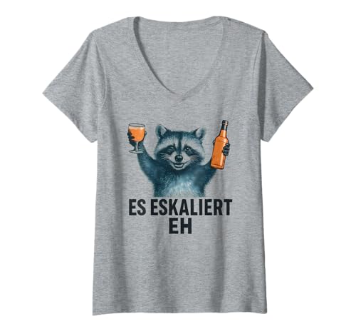 Damen Es Eskaliert Eh - Lustiges Waschbär Party T-Shirt mit V-Ausschnitt von Party & Trinksprüche